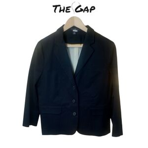 GAP Womens Navy Blue Single Breasted Blazer 3 Button Yellow Pin Stripe Lining 14
